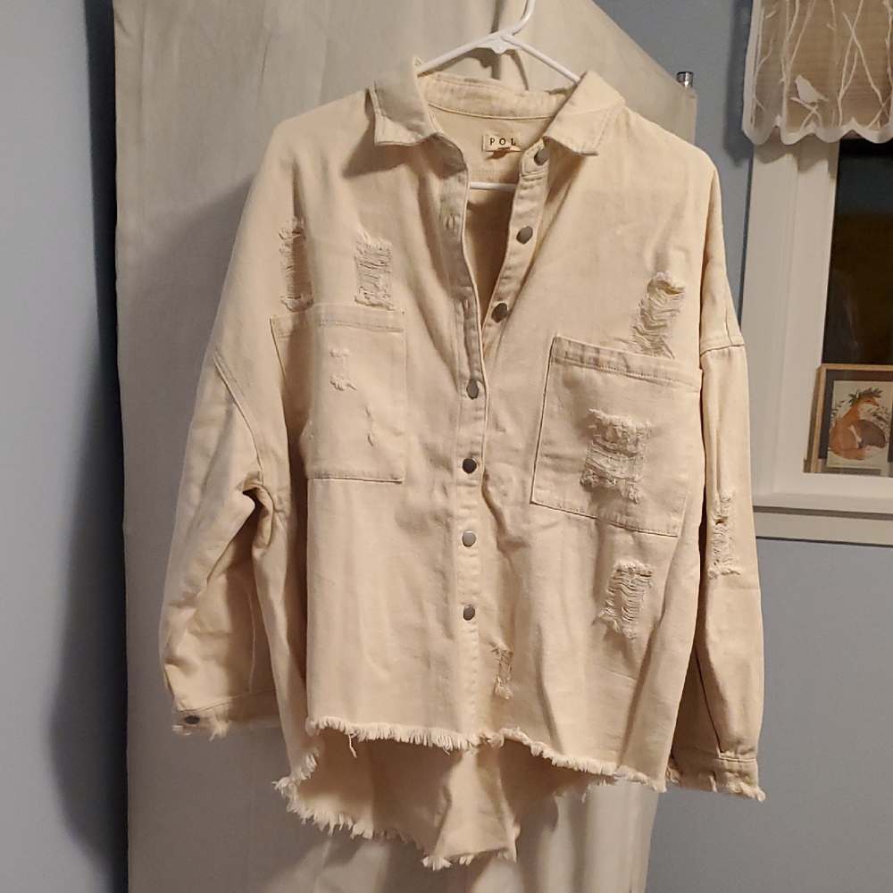 POL Cream Distressed Button Down Shirt